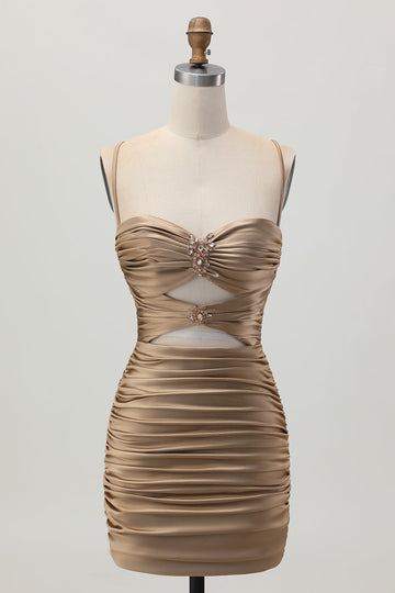 Dark Khaki Ruched Cut Out Tight Homecoming Dress